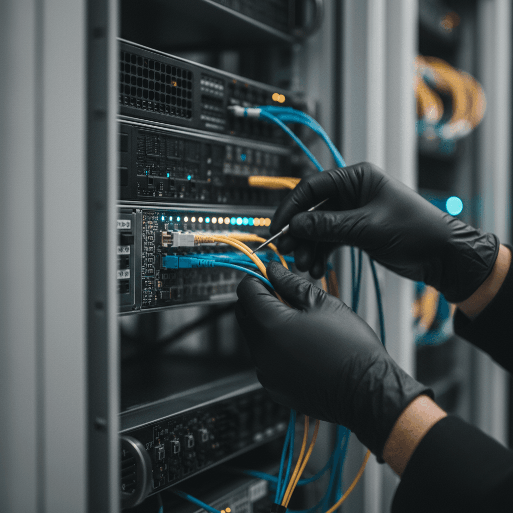 A person connecting cables to a computer tower